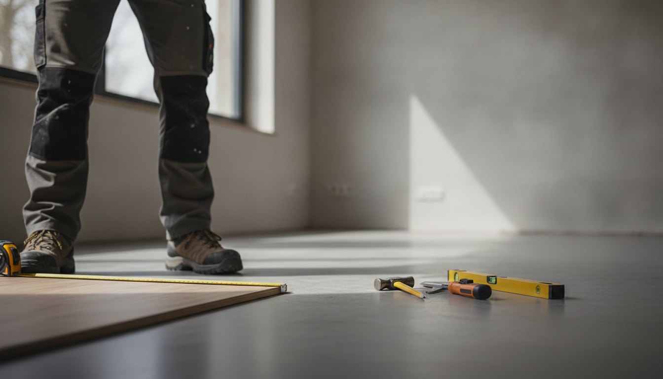 Profissional medindo um espaço vazio em uma sala com trena, com ferramentas no chão.