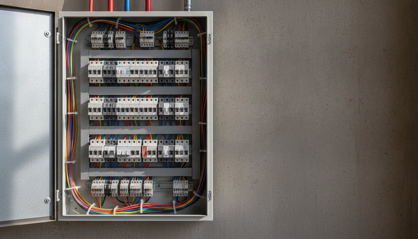 Quadro de distribuição de energia aberto com disjuntores e fios coloridos conectados.