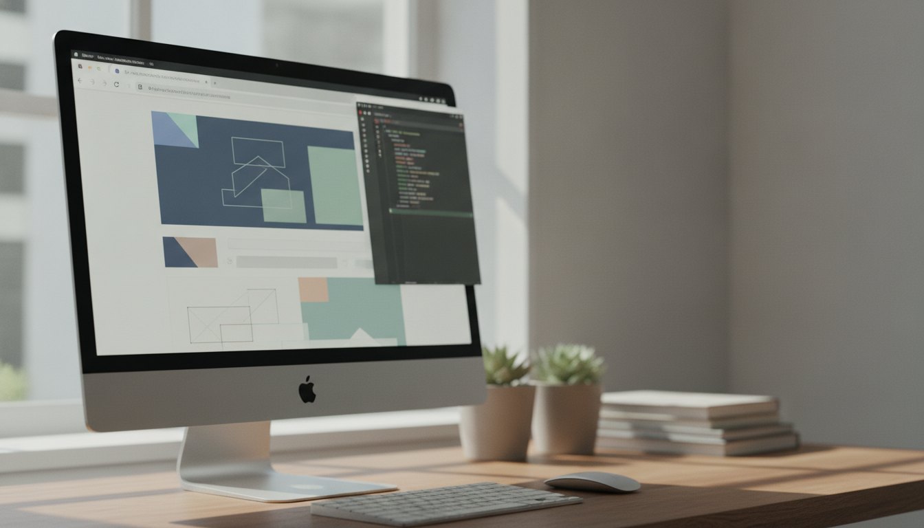 tela de computador exibindo navegador web ao lado de editor de textos colorido