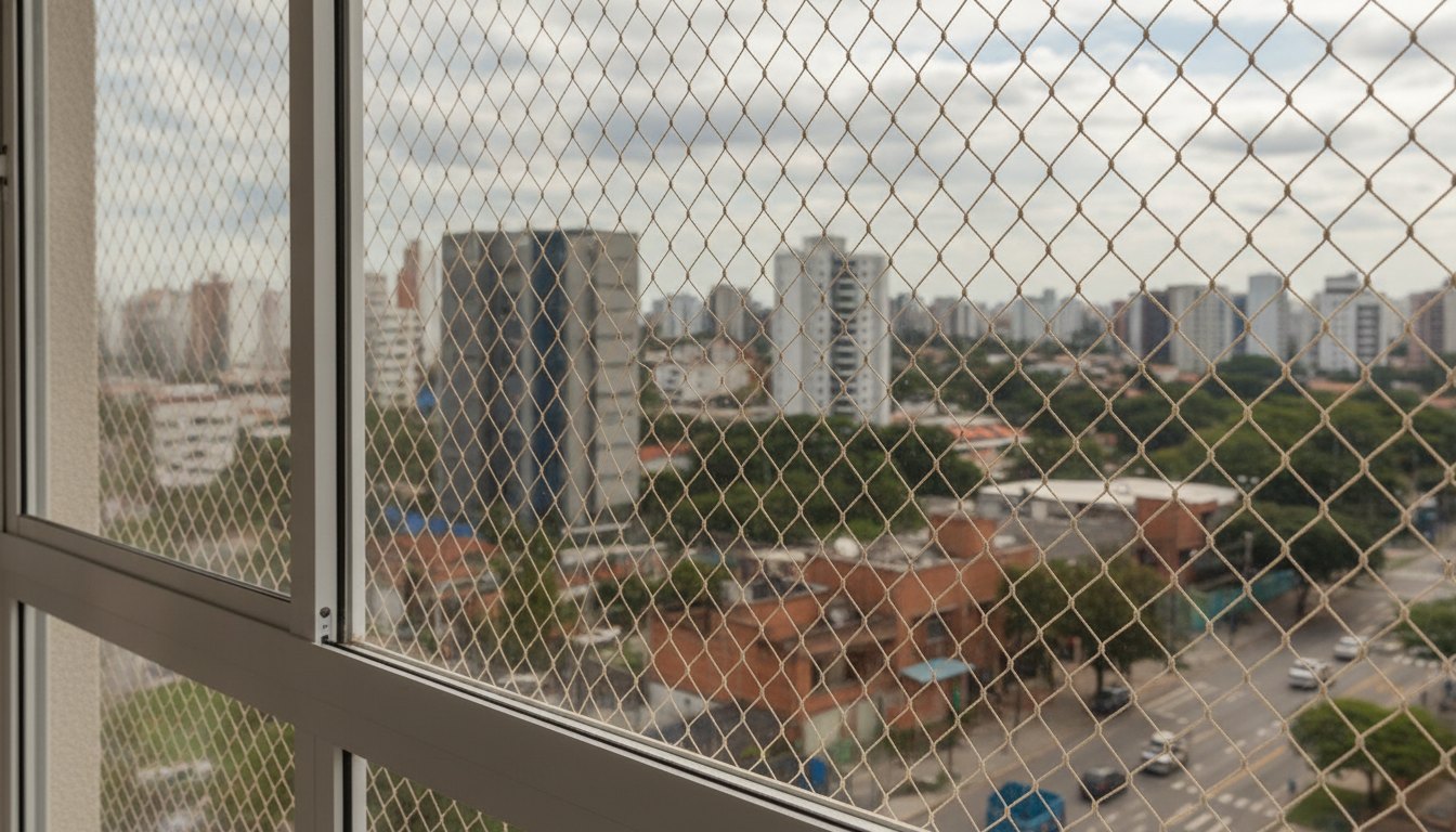 Janela de apartamento com rede de proteção instalada e vista para a área urbana.