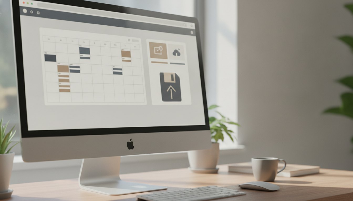 Tela de computador exibindo um painel de controle com opções de calendário e salvamento de arquivos.