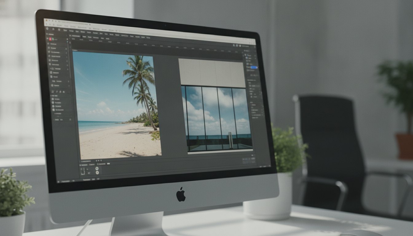 Tela de computador exibindo um software de edição gráfica com duas fotografias lado a lado.