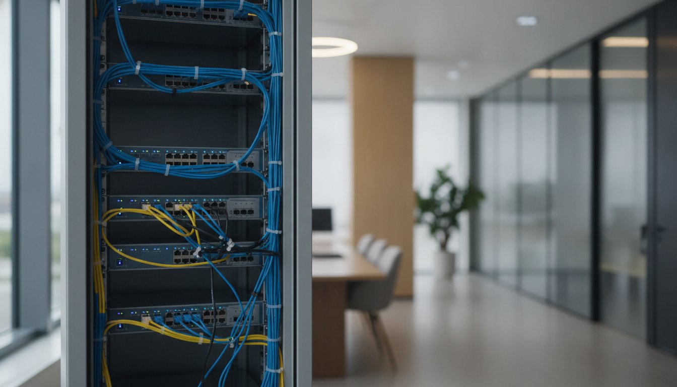 Servidor de armazenamento em rack com luzes azuis e cabos de rede conectados em um escritório.