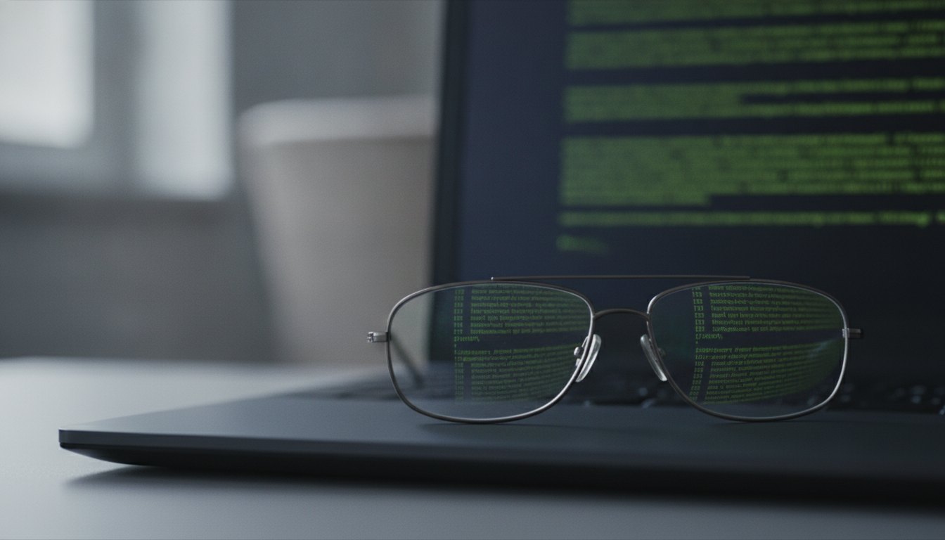 Tela escura de terminal de computador com linhas de texto verde refletidas nos óculos do programador