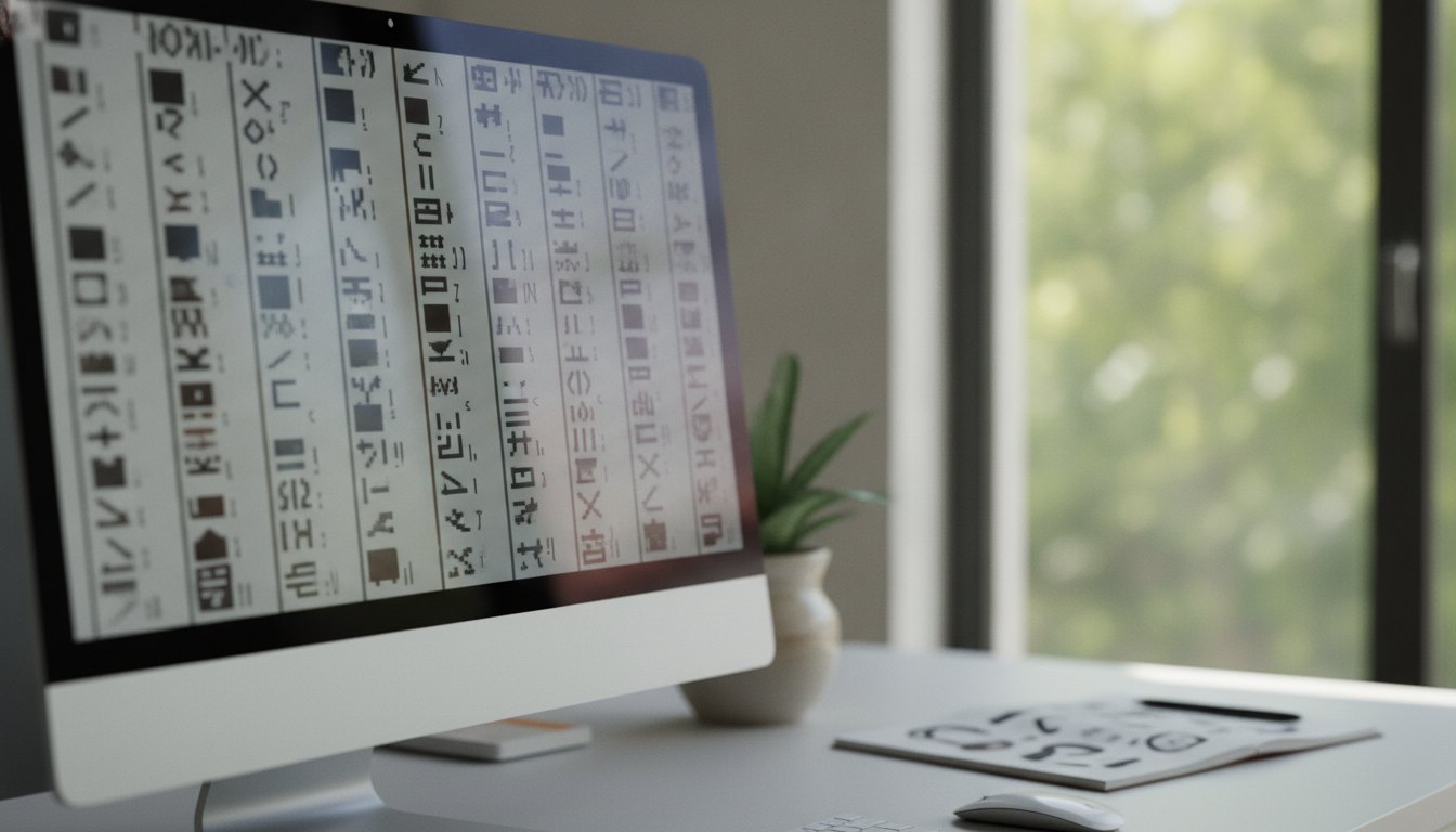 Tela de computador exibindo um painel de controle com listas de números e letras alinhados.