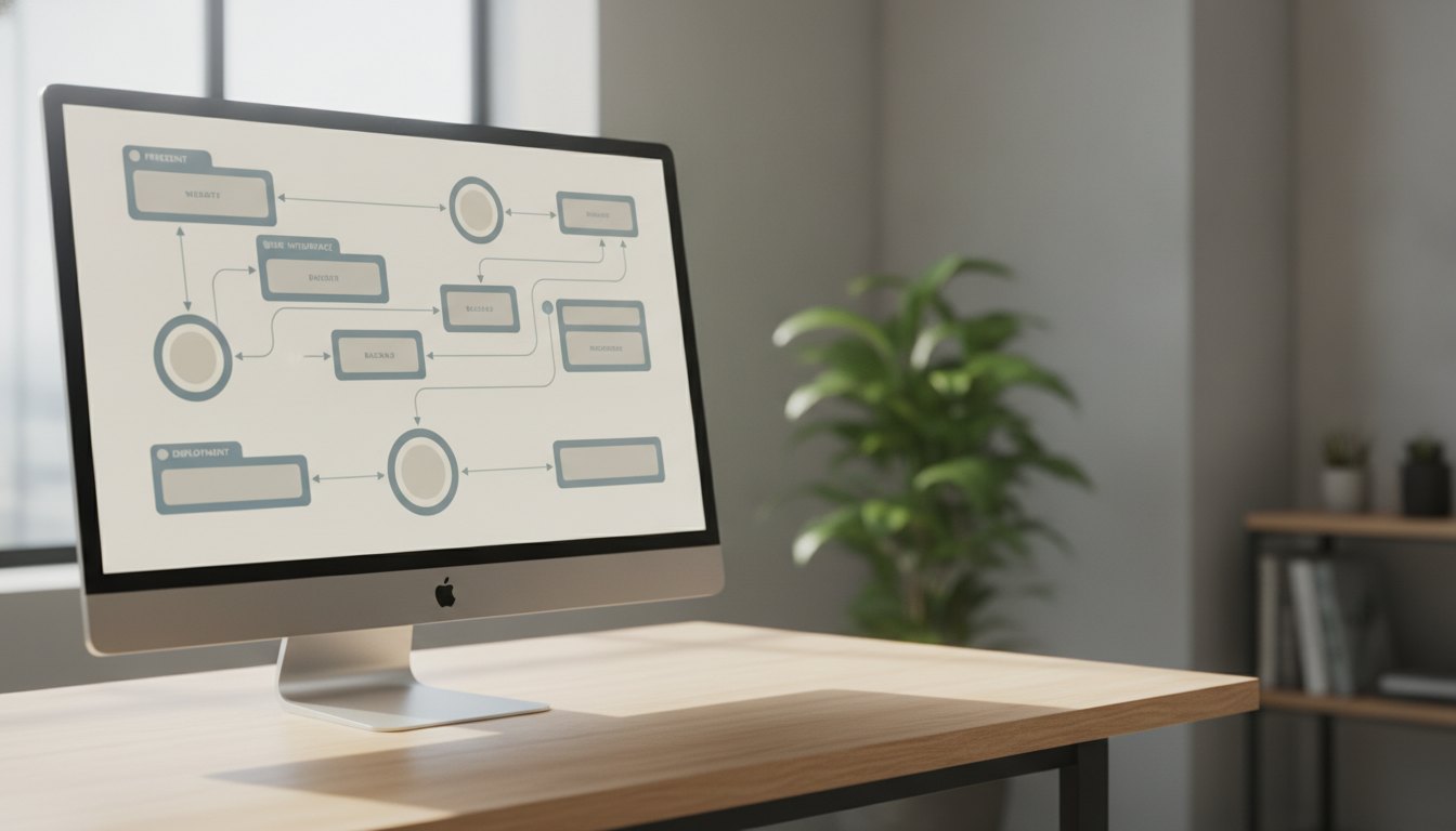 Tela de computador exibindo um diagrama com blocos interligados que representam a estrutura de um sistema.