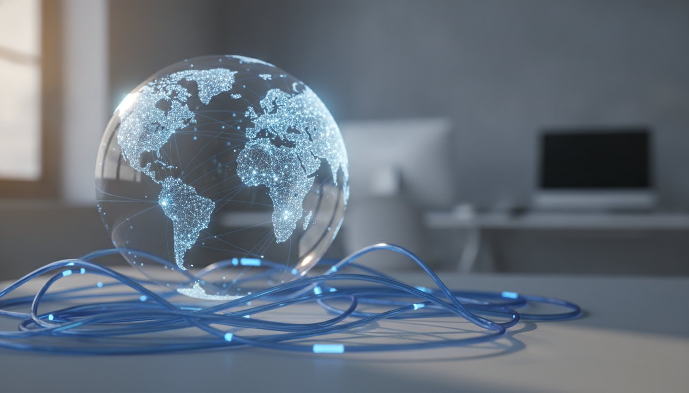 mapa-múndi com pontos de conexão de rede brilhando sobre cabos de fibra óptica azuis