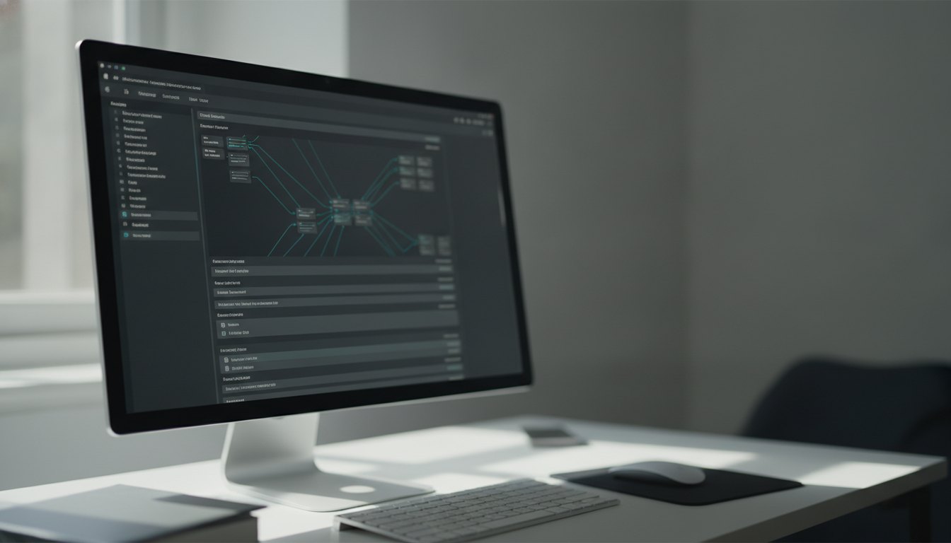 tela de computador exibindo um painel de controle escuro com linhas de configuração de rede