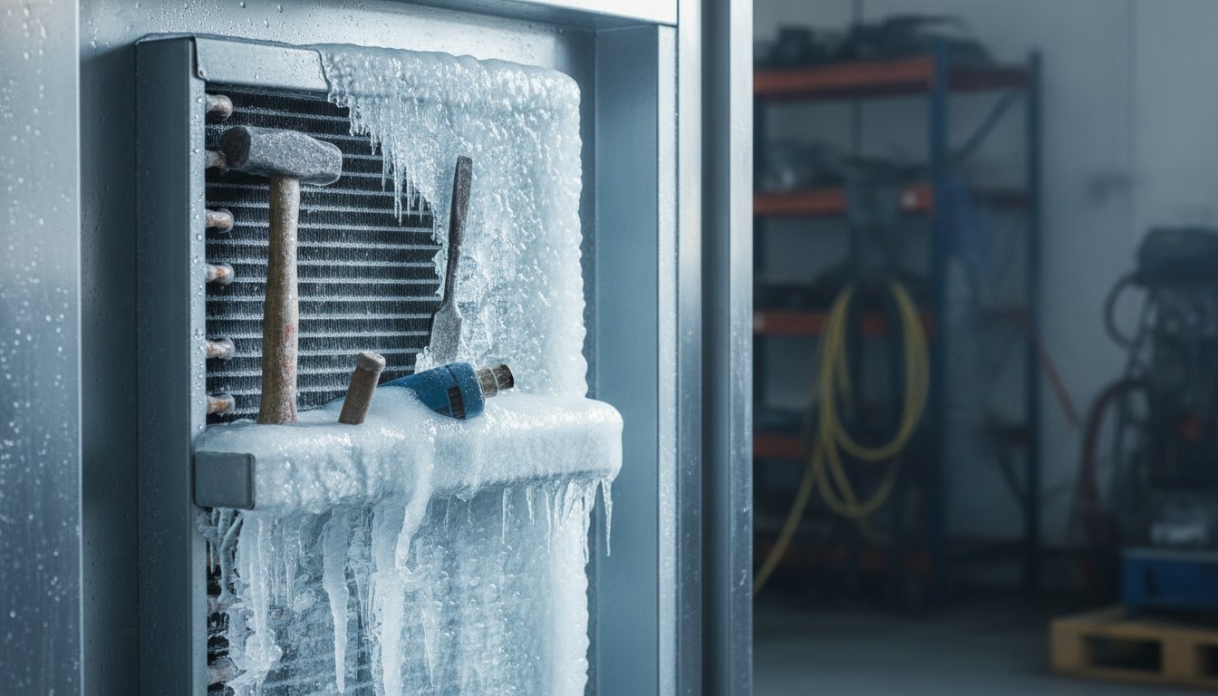 Técnico inspecionando o acúmulo de gelo no evaporador de um refrigerador com ferramentas manuais