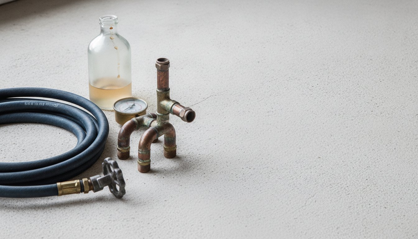 Profissional com luvas ajustando uma válvula de metal em uma tubulação aparente na parede.
