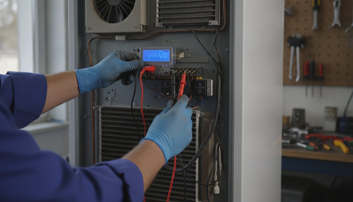 Técnico de refrigeração utilizando multímetro digital para medir componentes na parte traseira de uma geladeira