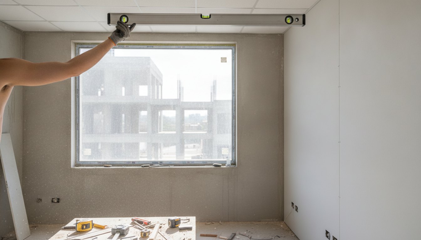 Profissional da construção civil medindo o nivelamento de um teto rebaixado próximo a uma janela.