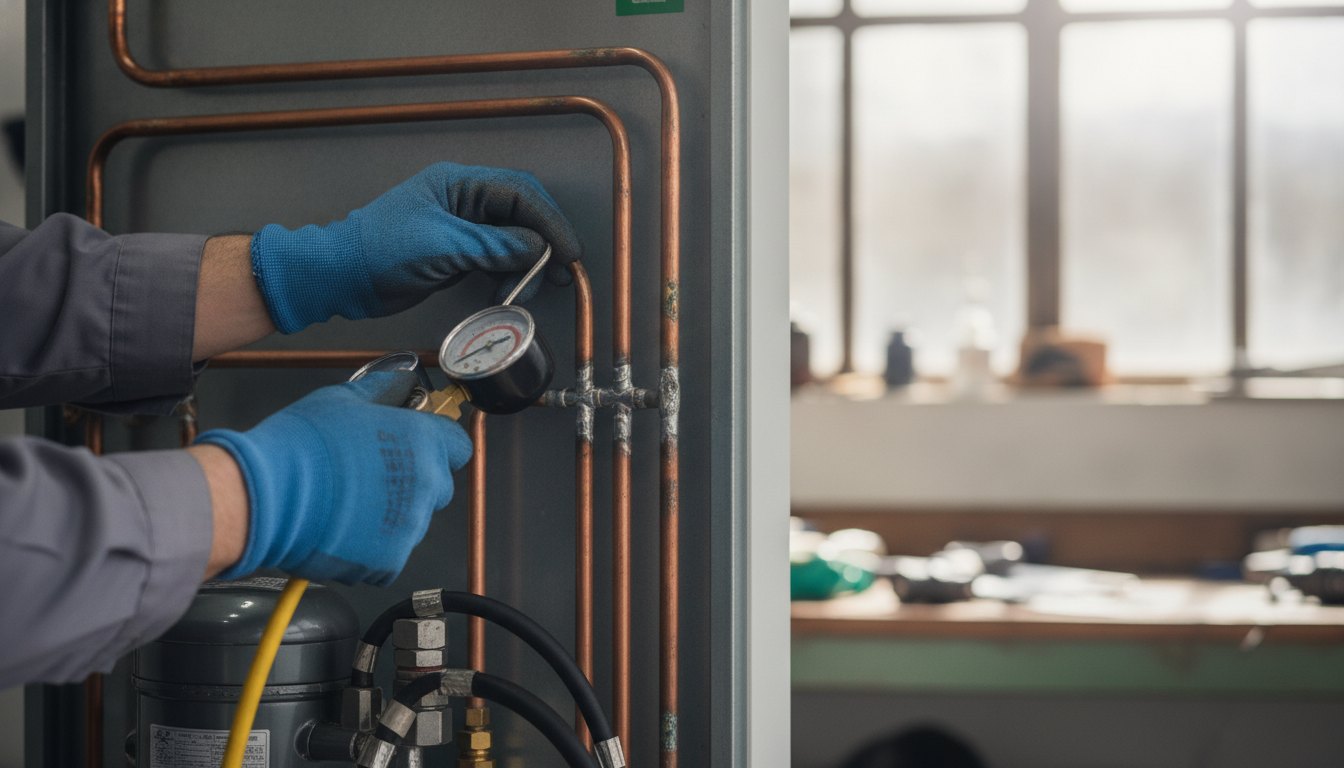 Técnico com luvas de proteção inspecionando a tubulação de cobre na parte traseira de um refrigerador.