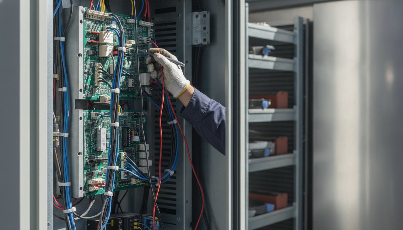 Técnico inspecionando painel de controle e fiação interna de um eletrodoméstico de grande porte.
