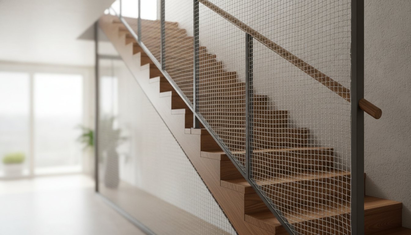 Escada residencial de madeira com guarda-corpo metálico e malha de proteção instalada do corrimão ao teto.