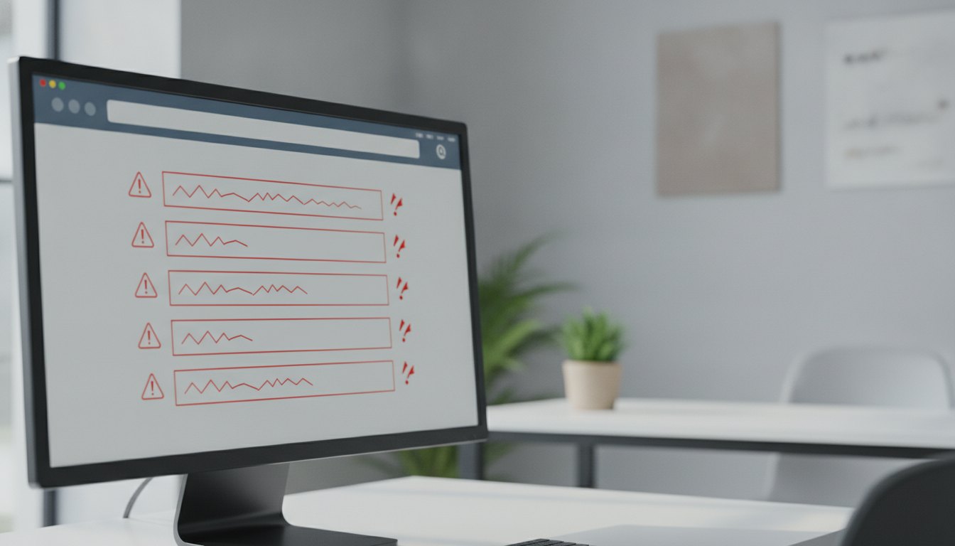 Tela de computador exibindo campos de texto com alertas vermelhos indicando erros de preenchimento.