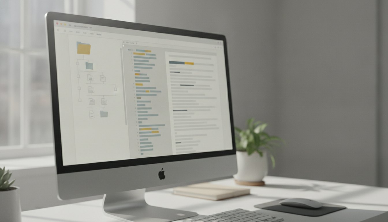 Tela de computador exibindo uma estrutura de pastas e arquivos de texto com marcações estruturais.