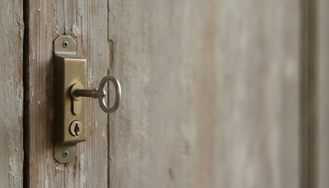 Fechadura de metal instalada em porta de madeira com chave parcialmente inserida no tambor