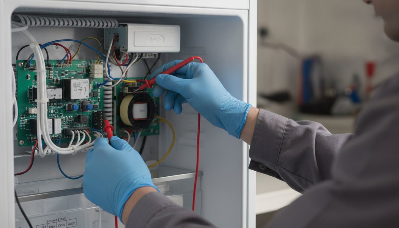 Técnico com luvas testando os componentes elétricos no painel interno de um refrigerador branco.