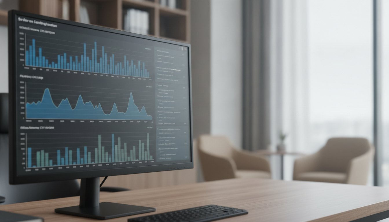 Tela de computador exibindo painel de configuração de servidor com gráficos de desempenho.