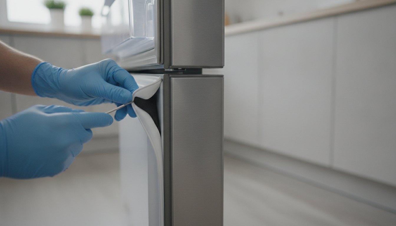 Técnico com luvas inspecionando a borracha da porta de um refrigerador doméstico.