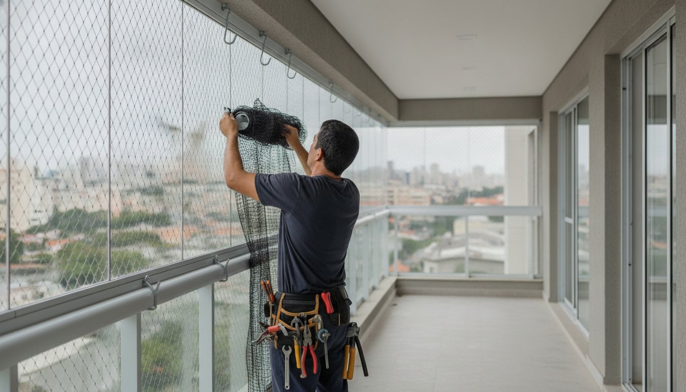 Operador com ferramentas fixando ganchos metálicos e malha de segurança na esquadria de uma sacada ampla.