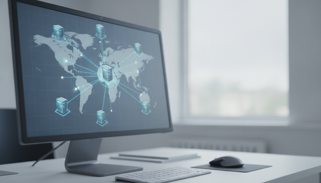 Tela de computador exibindo um diagrama de rede interligando vários servidores globais