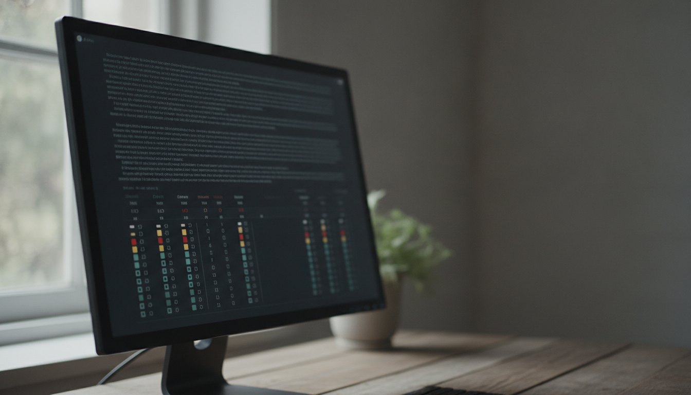 Tela de computador escura exibindo linhas de texto contínuas com alertas e datas alinhados