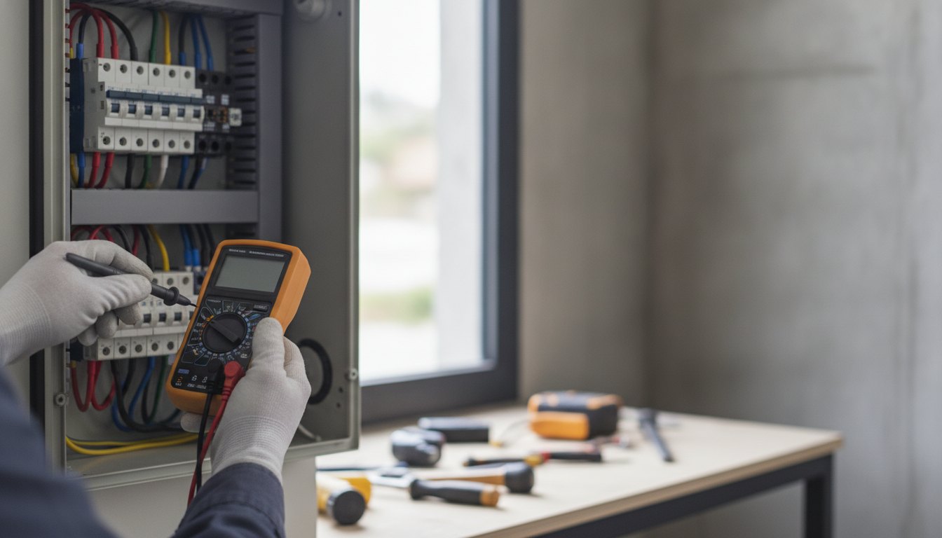 Técnico inspecionando o quadro de energia elétrica de uma residência com um multímetro digital.