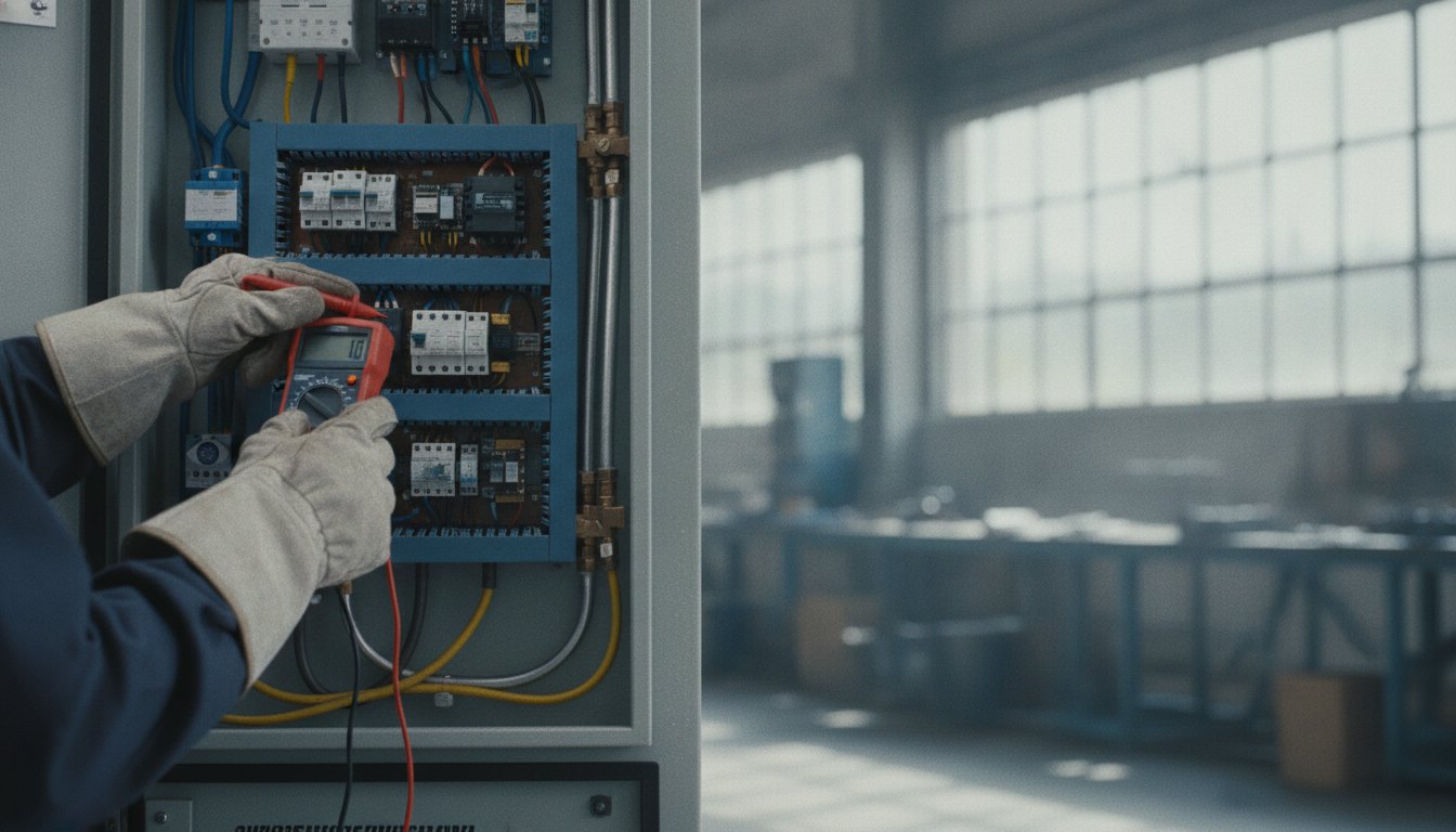 Técnico com luvas de proteção medindo a tensão elétrica de um painel de ar condicionado.