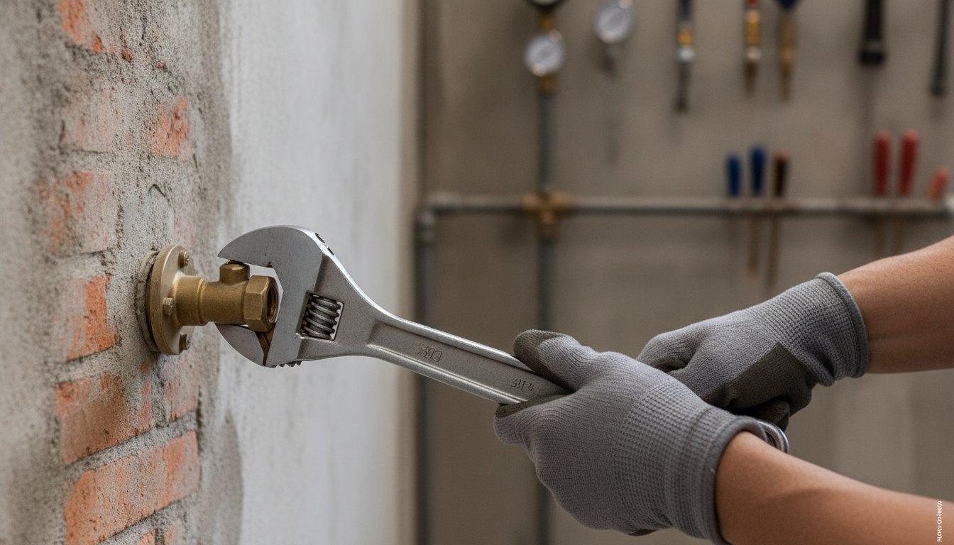 Profissional com luvas utilizando uma chave inglesa para ajustar um registro metálico embutido na parede.