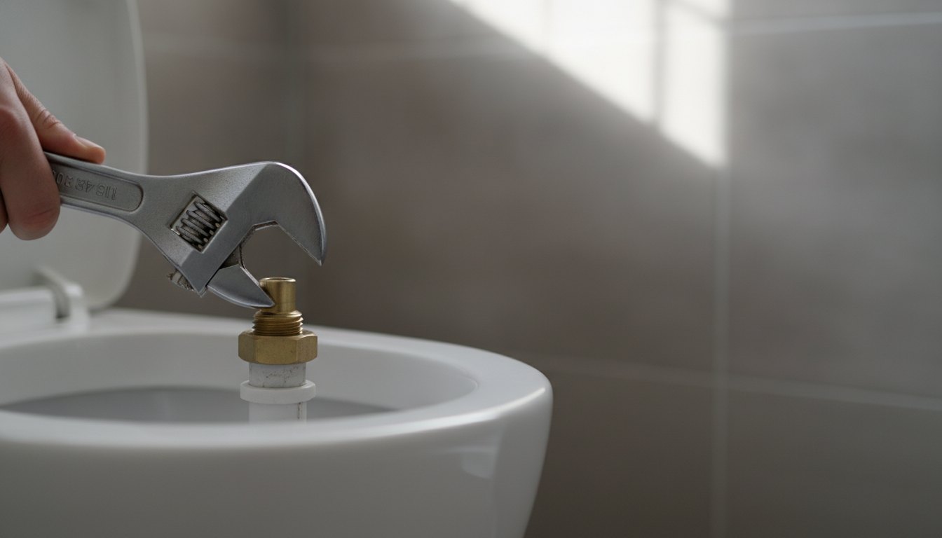 Profissional utilizando chave de boca para ajustar o mecanismo interno de uma caixa acoplada de cerâmica.