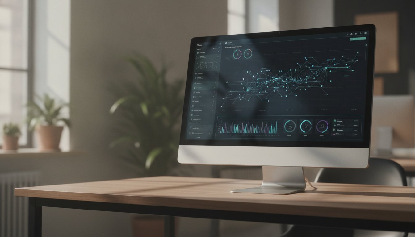 Tela de computador exibindo painel de controle escuro com gráficos de transferência de dados.