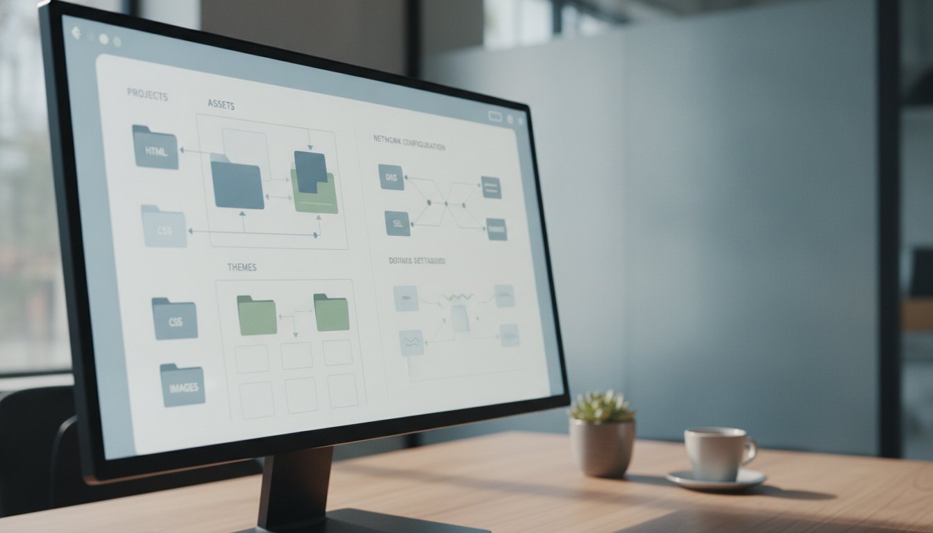 Tela de computador exibindo painel de controle com diretórios e configurações de rede abertos para ajuste.
