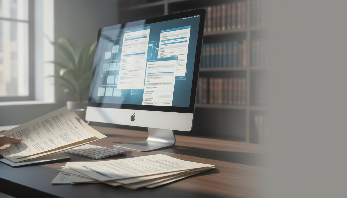 Pessoa organizando papéis impressos ao lado de um computador com formulários digitais abertos na tela.