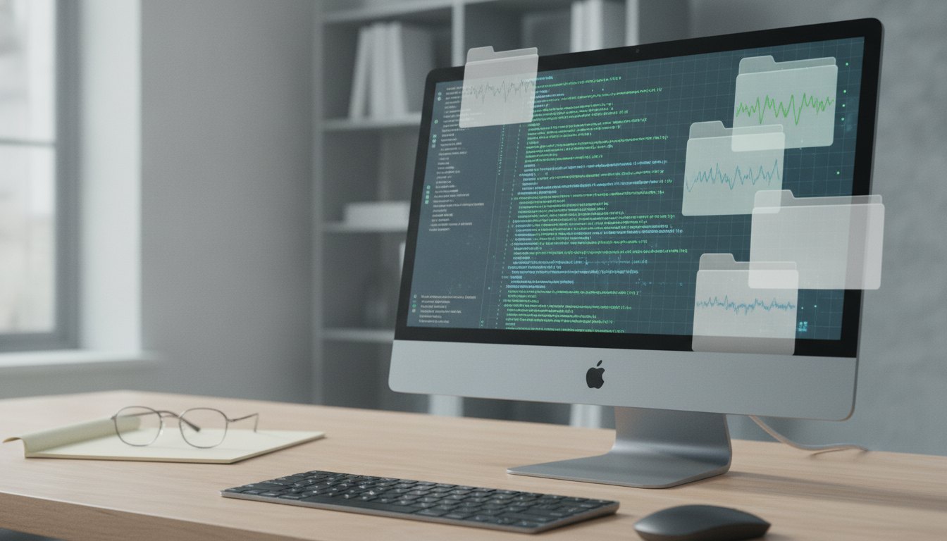 Tela de computador exibindo linhas de código e arquivos de log organizados em pastas