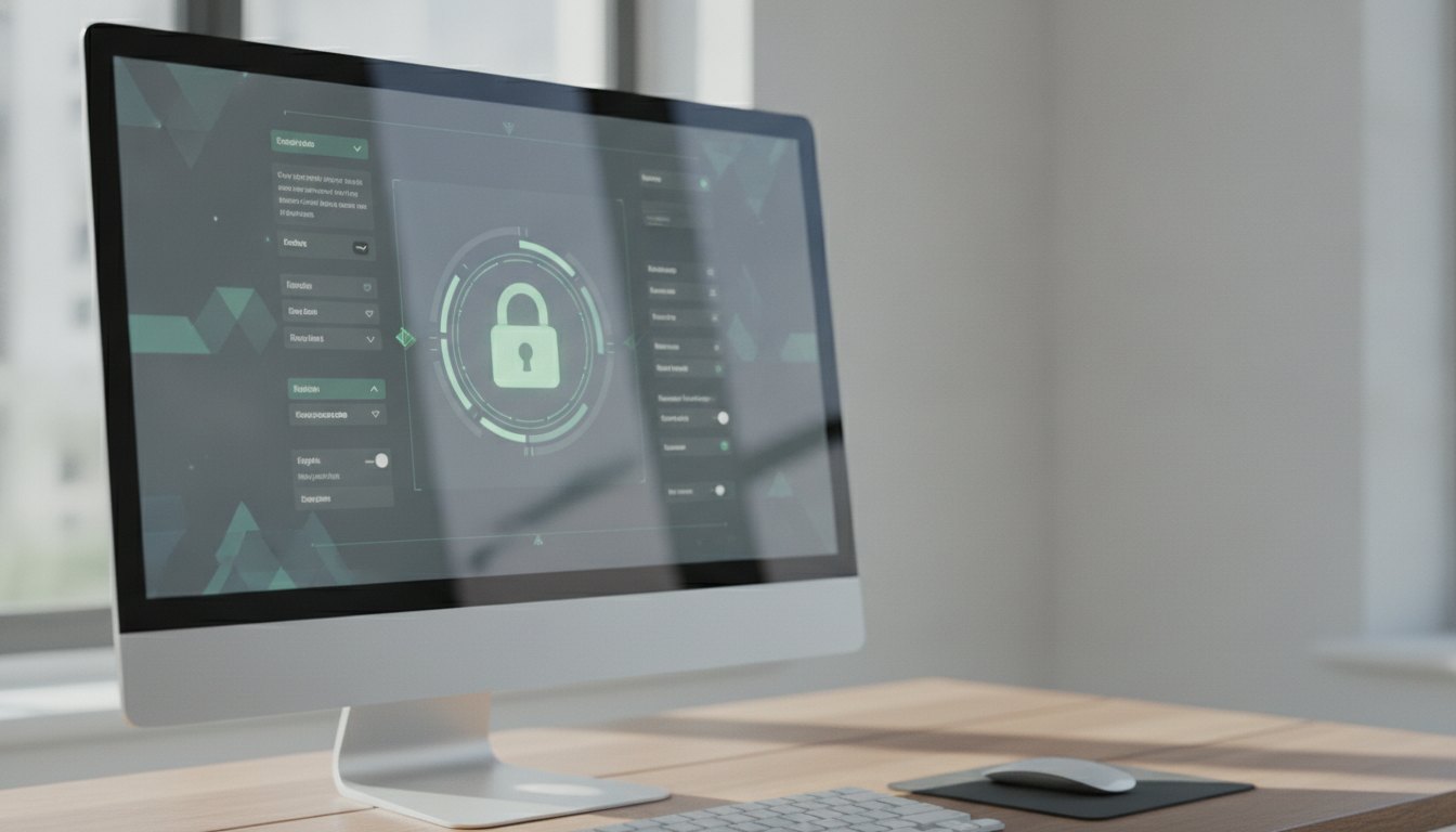 Monitor exibindo painel de controle de servidor com cadeado de segurança e configurações ativadas.