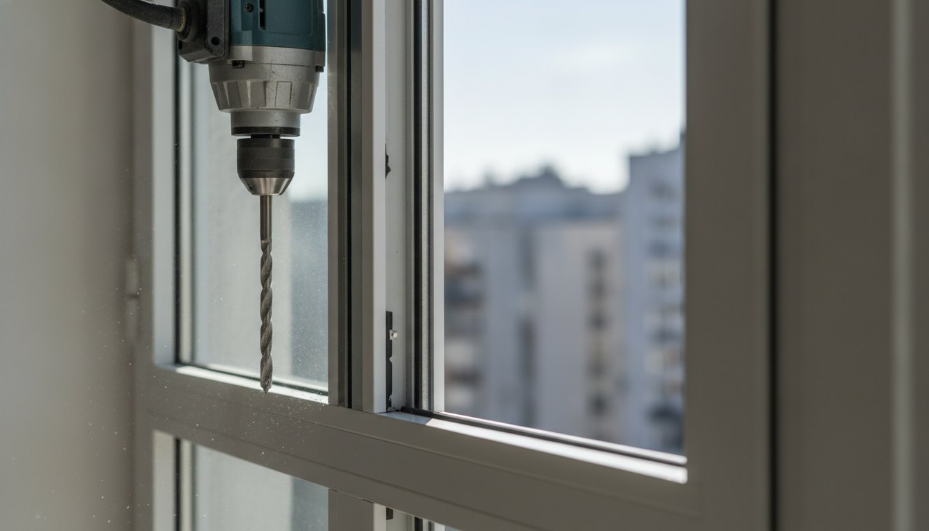 Trabalhador utilizando furadeira em estrutura de alumínio na janela de um apartamento.