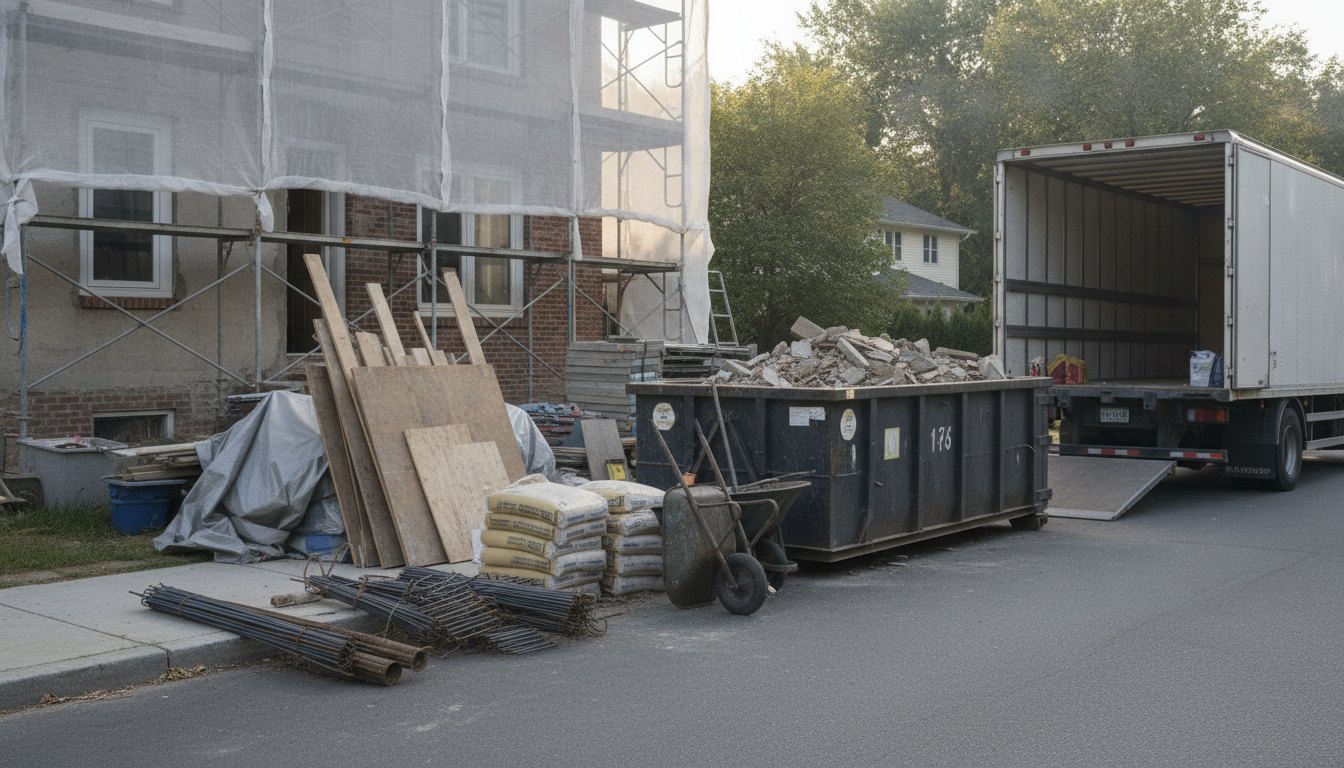Trabalhadores organizando materiais de construção e entulho em frente a uma residência em reforma.