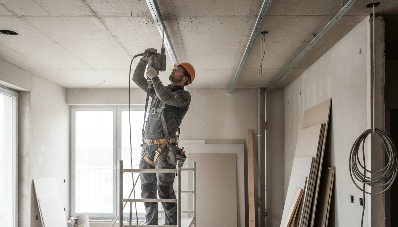 Trabalhador com furadeira instalando estrutura metálica no teto de uma sala de apartamento em reforma.