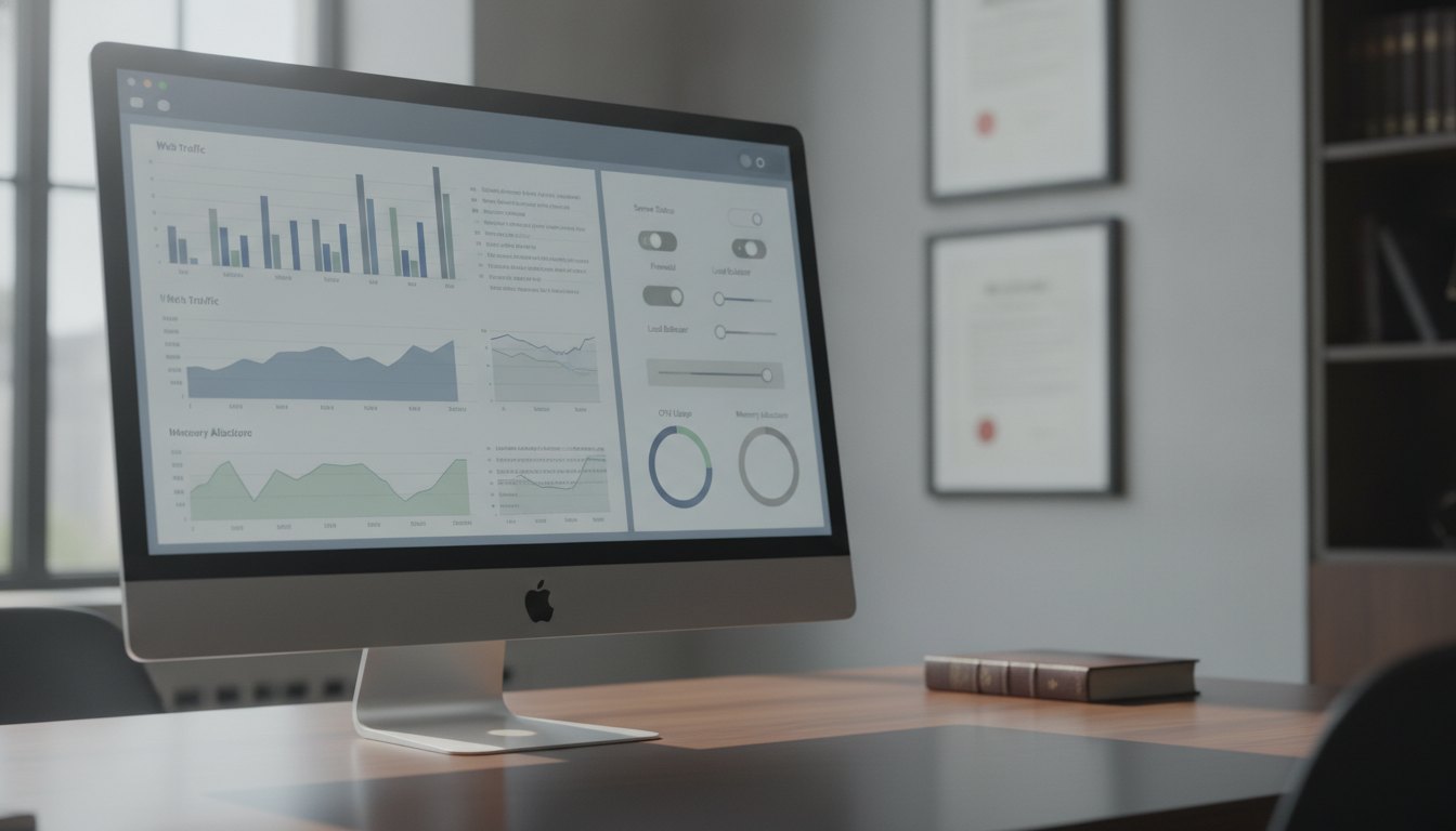 Monitor exibindo painel de controle com gráficos de tráfego e configurações de servidor web.