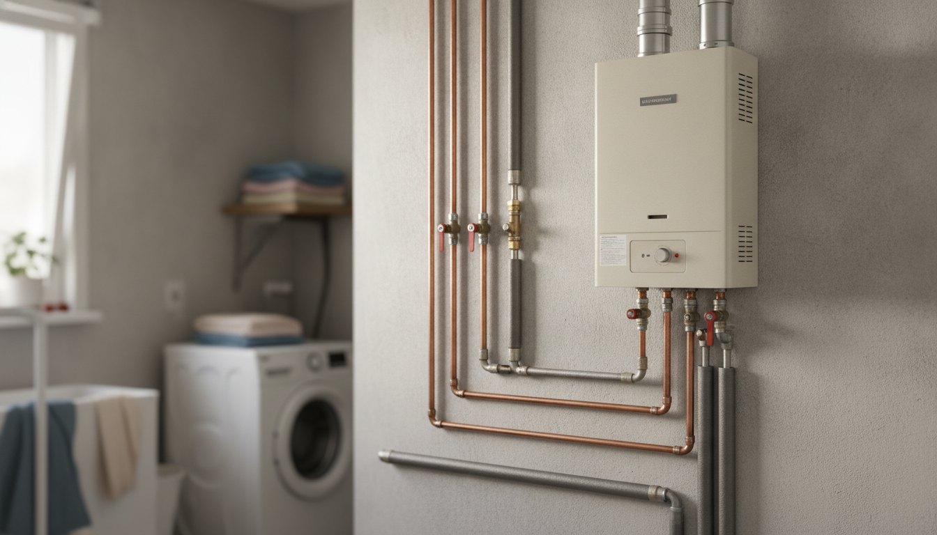 Aquecedor de água a gás instalado na parede de uma área de serviço com tubulações aparentes.