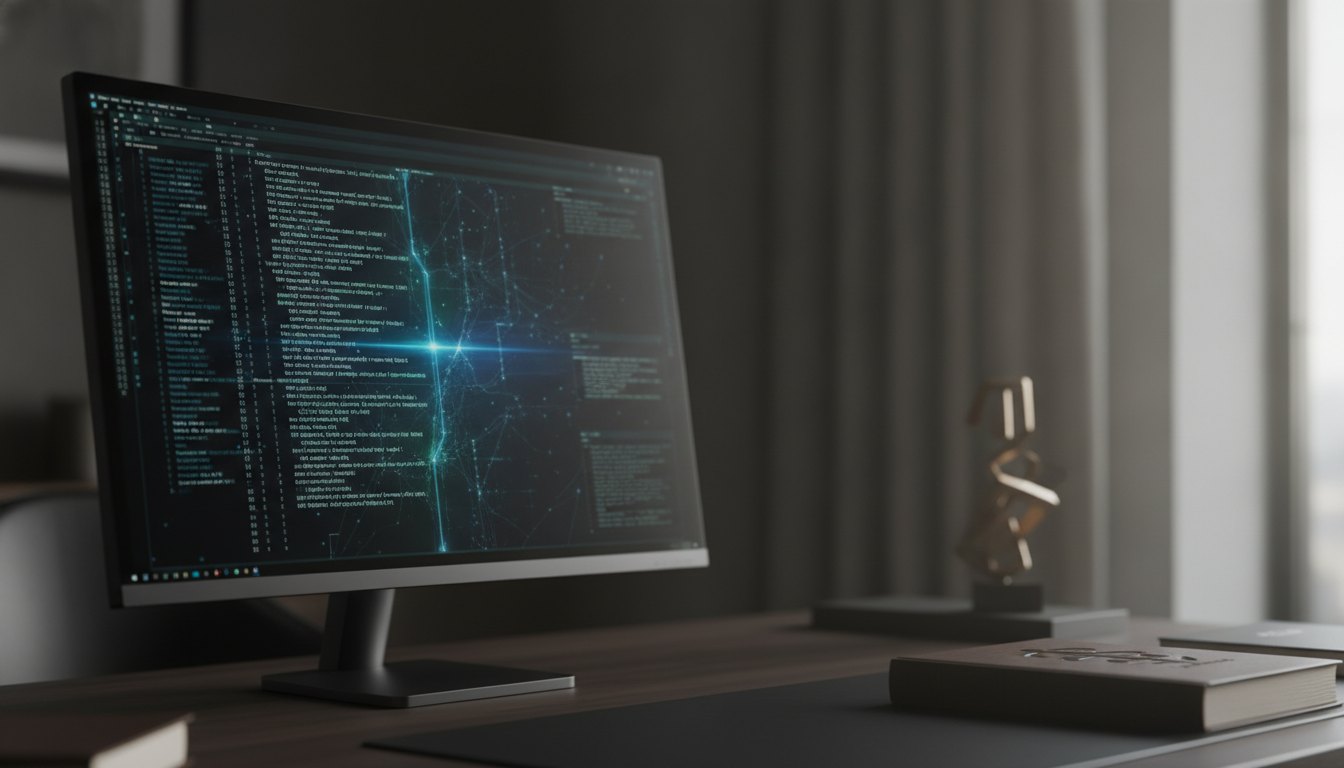 Tela de computador exibindo códigos de log de servidor em um ambiente escuro.