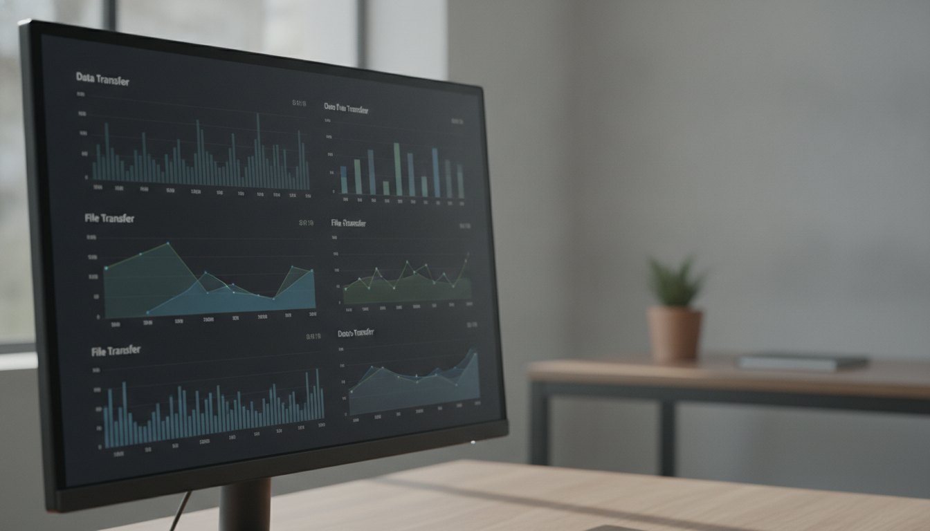 Tela de computador exibindo painel de controle escuro com gráficos de transferência de arquivos.