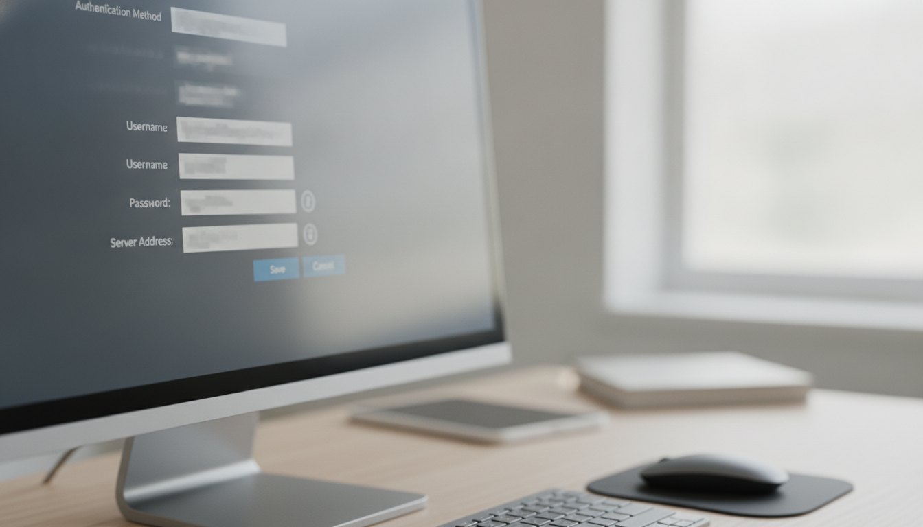 Tela de computador exibindo painel de configuração de servidor de email com campos de autenticação preenchidos.