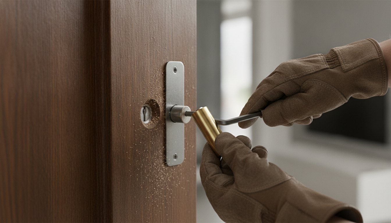 Profissional com luvas realizando a troca do cilindro de uma fechadura em porta de madeira.