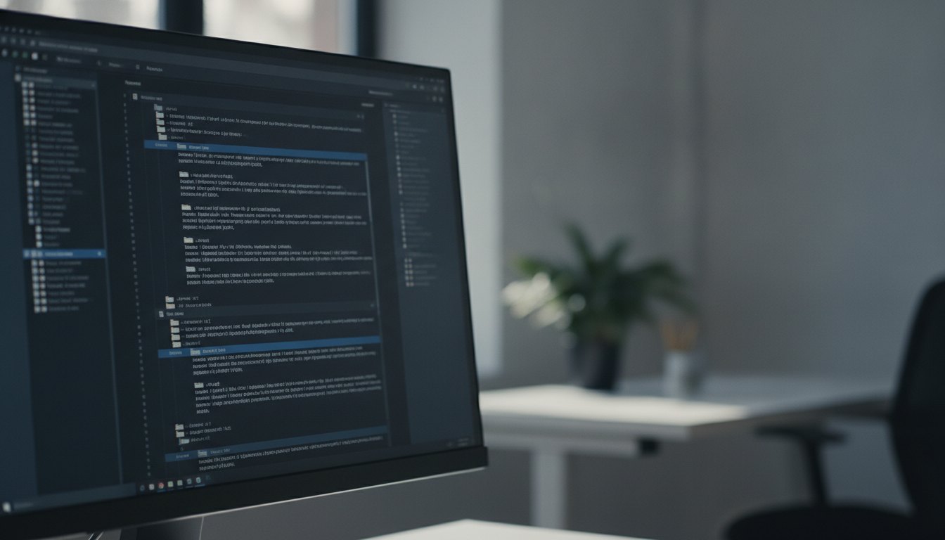 Tela de computador exibindo painel de controle escuro com linhas de texto estruturadas em diretórios.