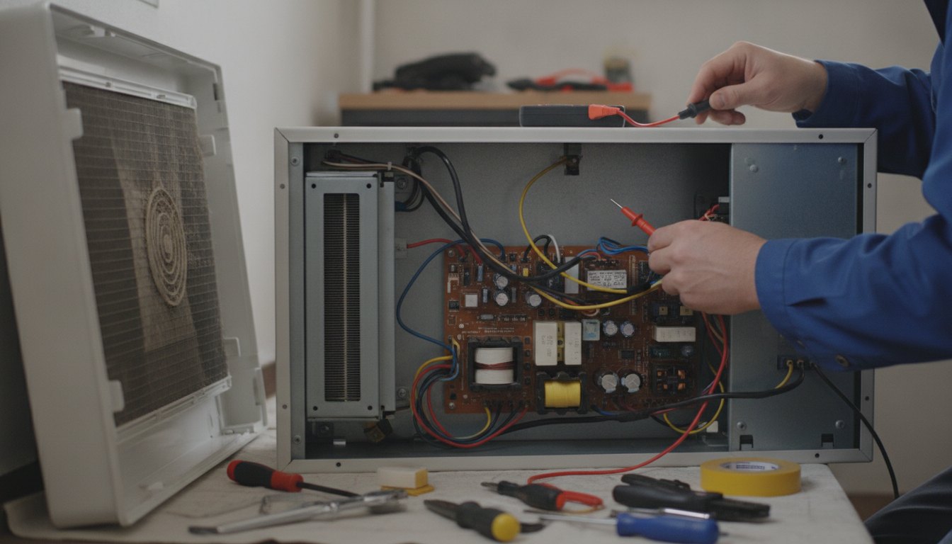 Técnico inspecionando o painel de um aparelho de ar-condicionado aberto com ferramentas.
