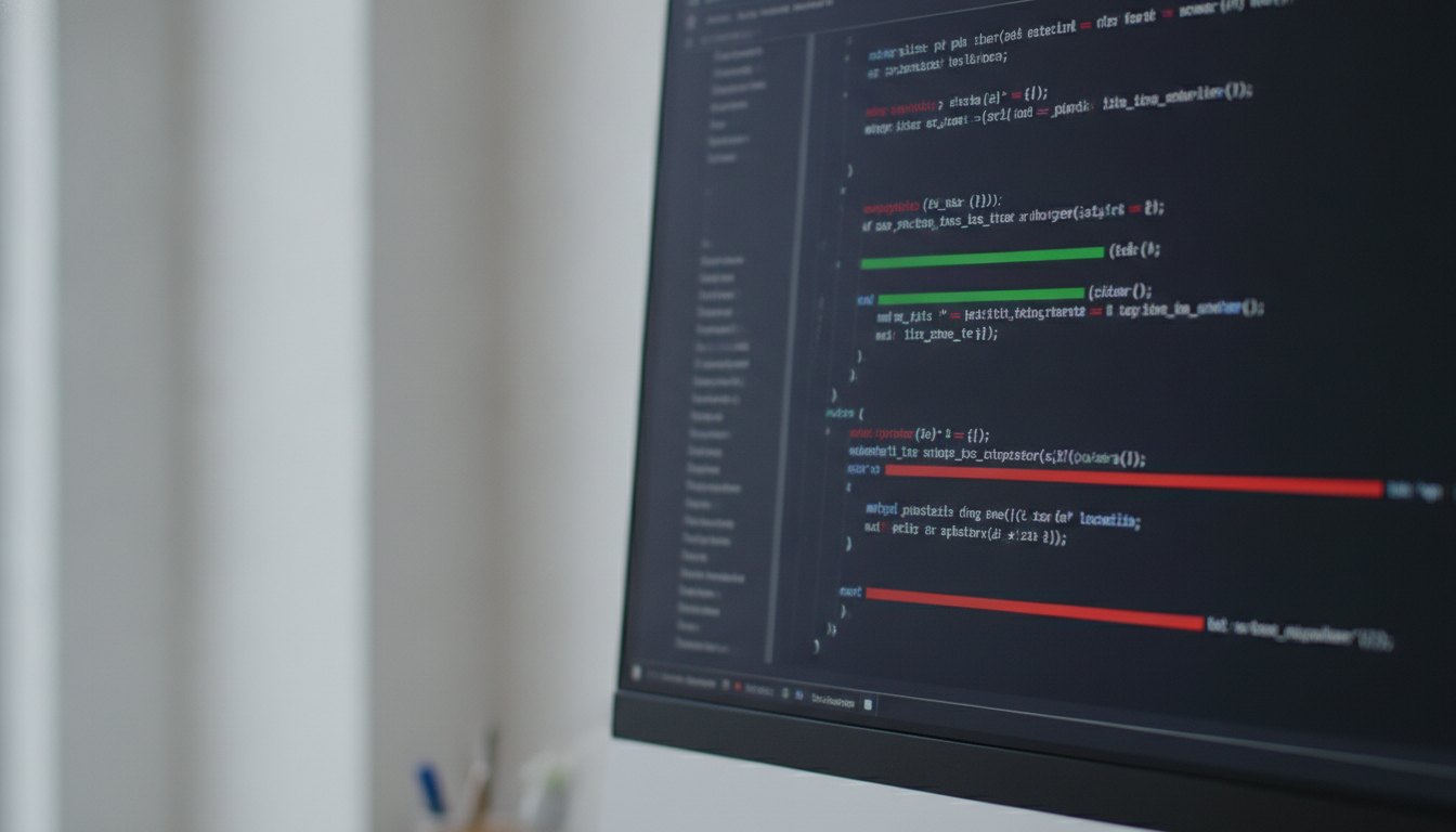 Tela de computador exibindo linhas de programação com marcações coloridas indicando adições e remoções.