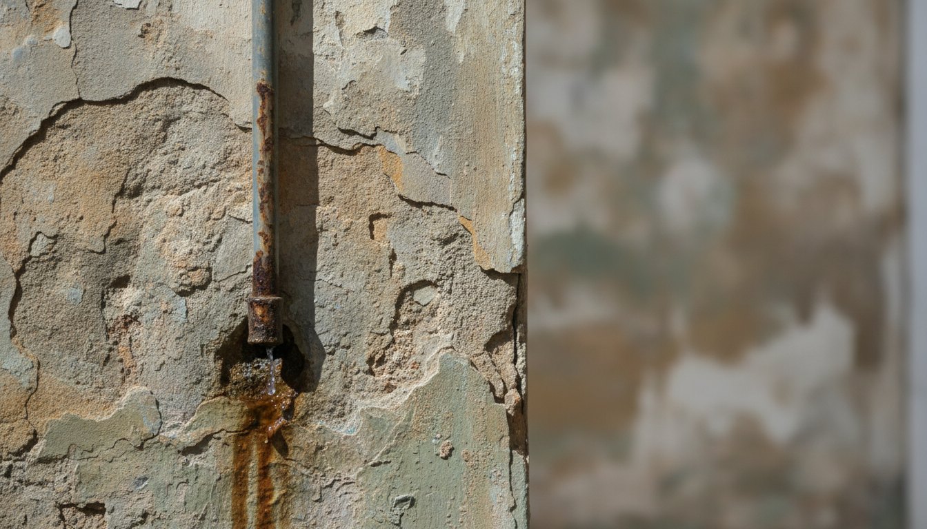 Parede descascada mostrando um cano de metal com marcas de ferrugem e um pequeno vazamento.